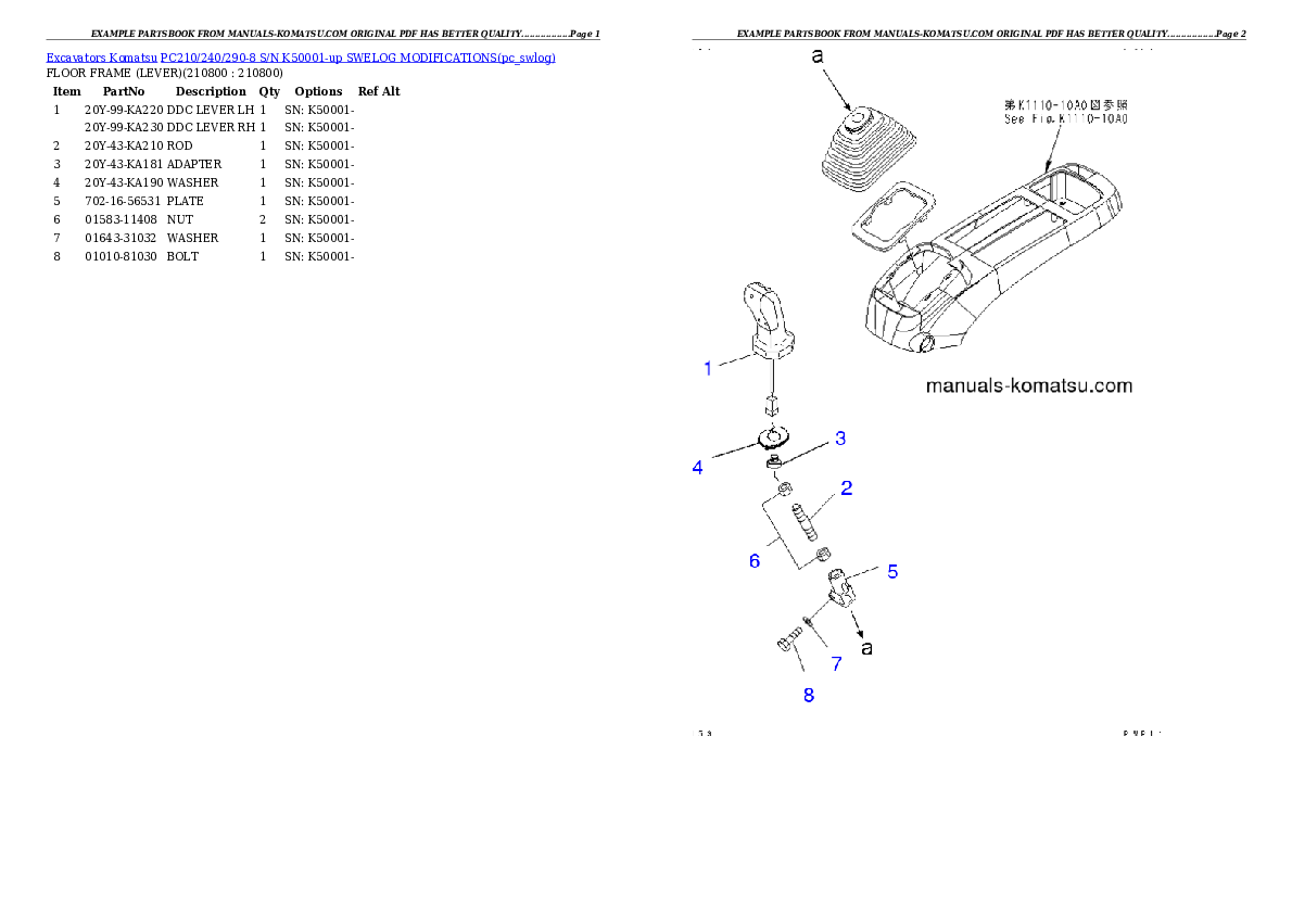 PC210/240/290-8 S/N K50001-up SWELOG MODIFICATIONS Partsbook