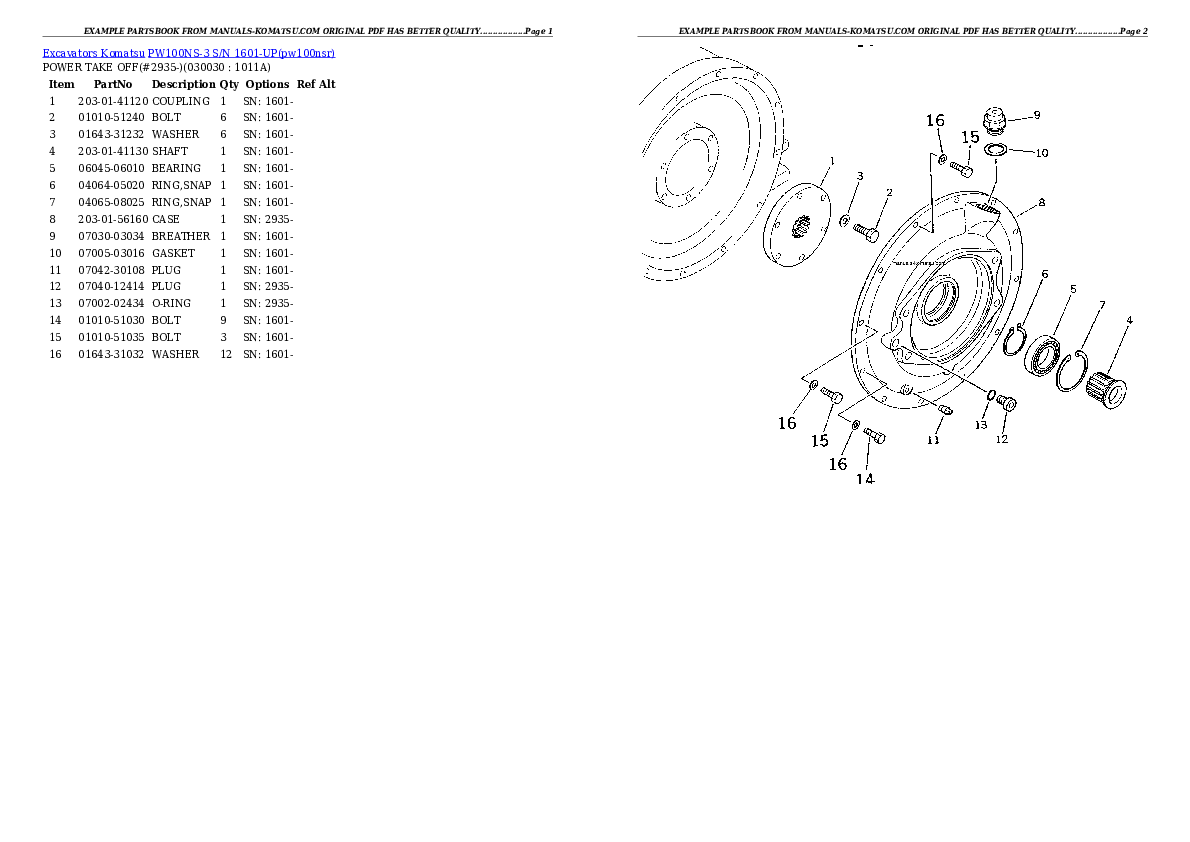 PW100NS-3 S/N 1601-UP Partsbook