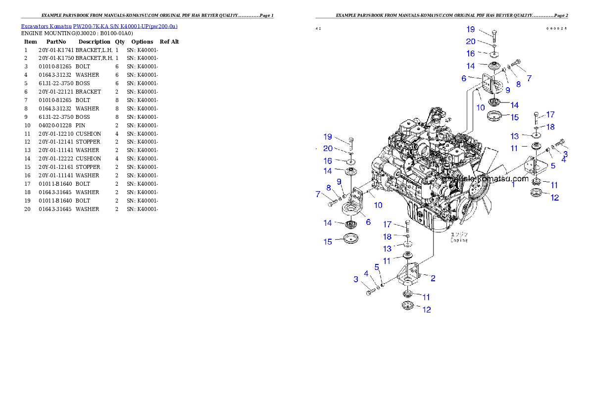 PW200-7K-KA S/N K40001-UP Partsbook