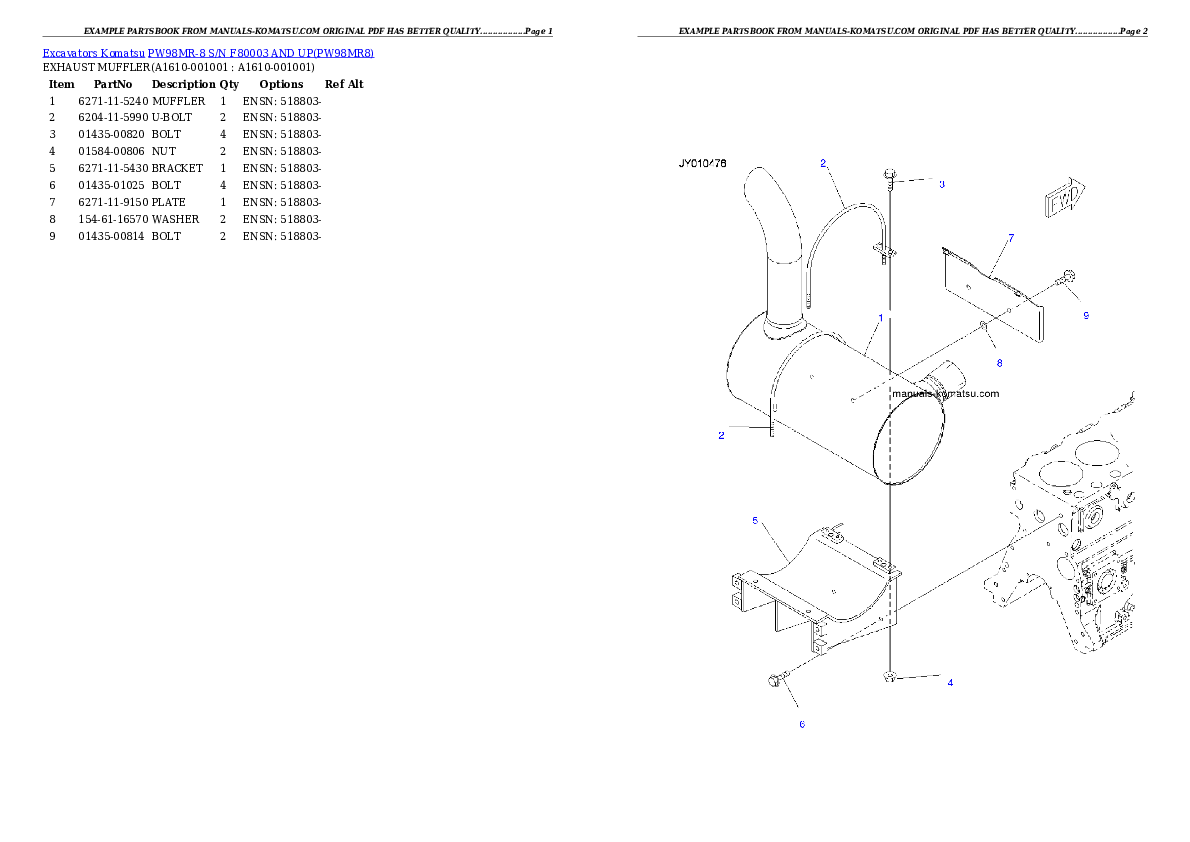 PW98MR-8 S/N F80003 AND UP Partsbook