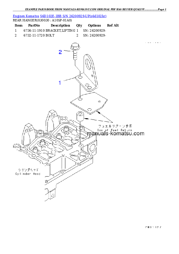 S6D102E-1BB S/N 26200929-UP Partsbook