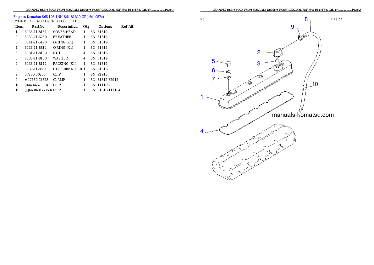 S6D105-1NN S/N 81519-UP Partsbook