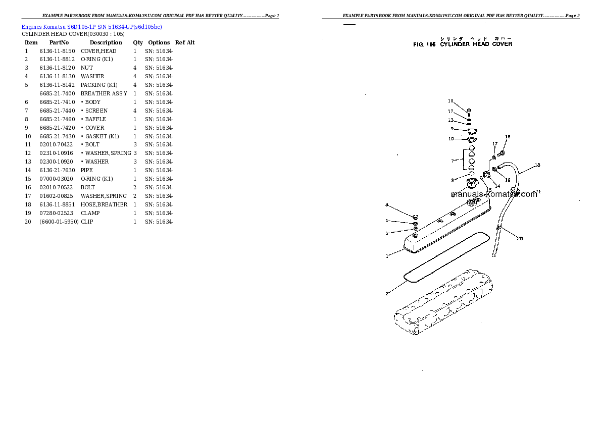 S6D105-1P S/N 51634-UP Partsbook