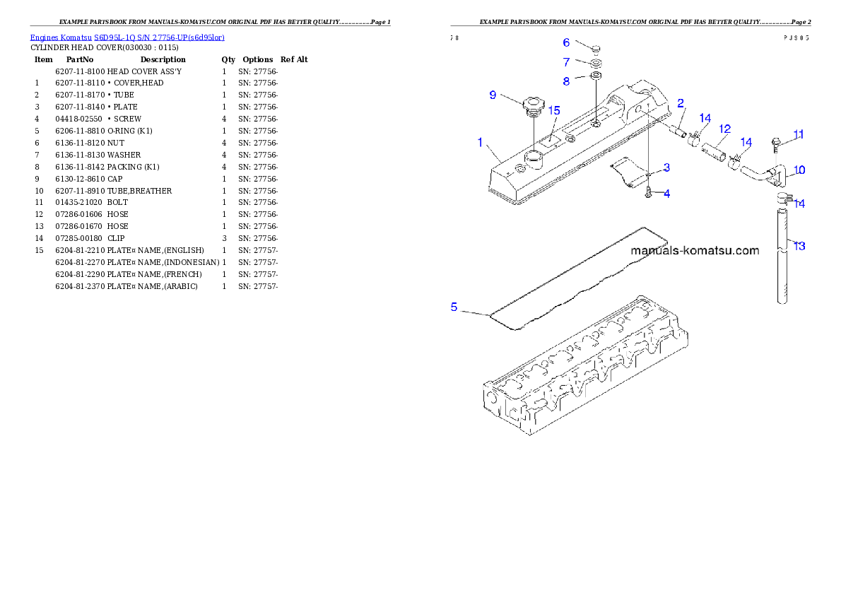 S6D95L-1Q S/N 27756-UP Partsbook