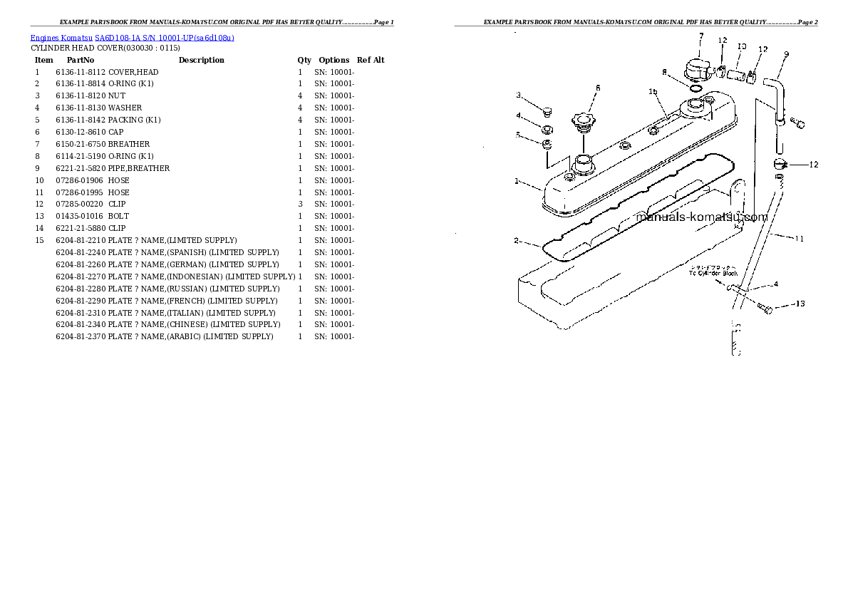 SA6D108-1A S/N 10001-UP Partsbook