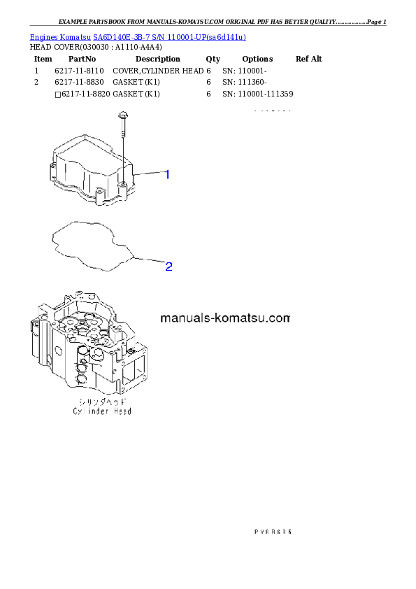 SA6D140E-3B-7 S/N 110001-UP Partsbook