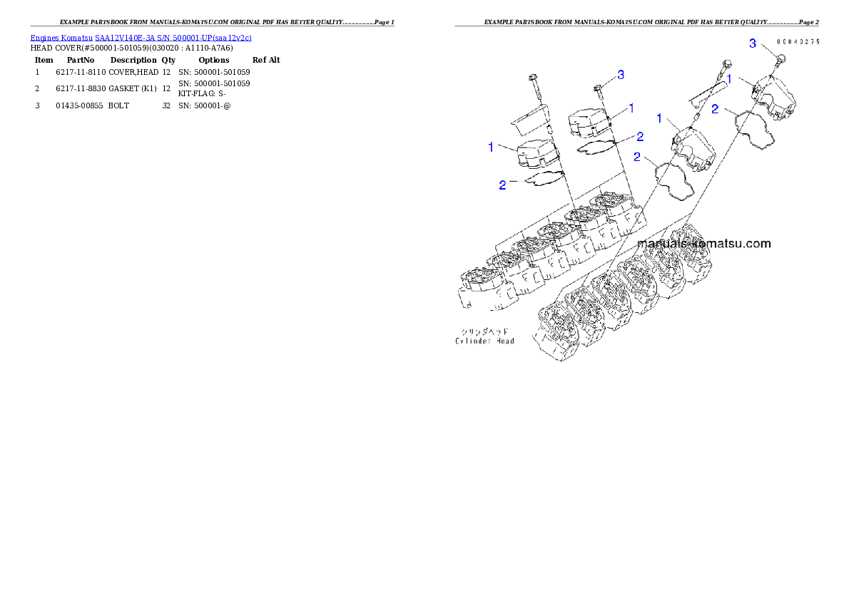 SAA12V140E-3A S/N 500001-UP Partsbook