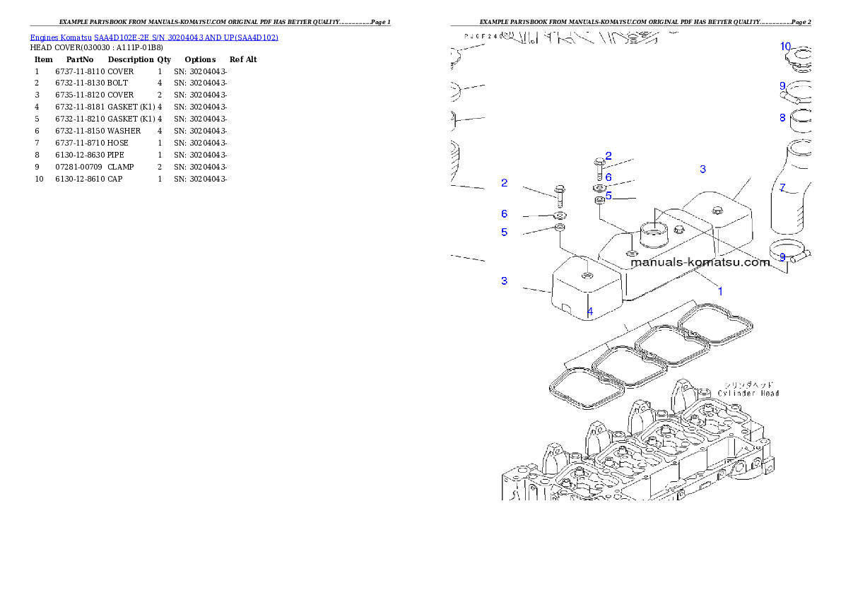 SAA4D102E-2E S/N 30204043 AND UP Partsbook