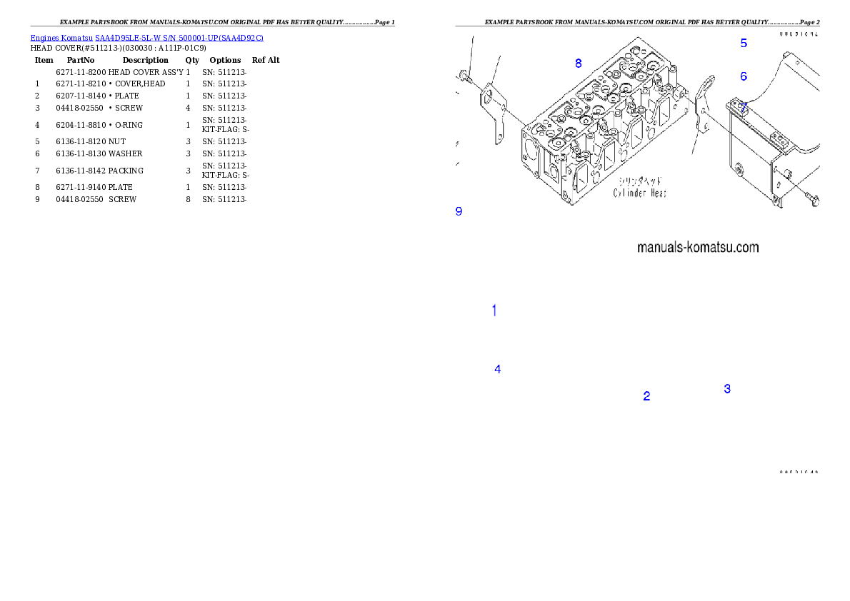 SAA4D95LE-5L-W S/N 500001-UP Partsbook