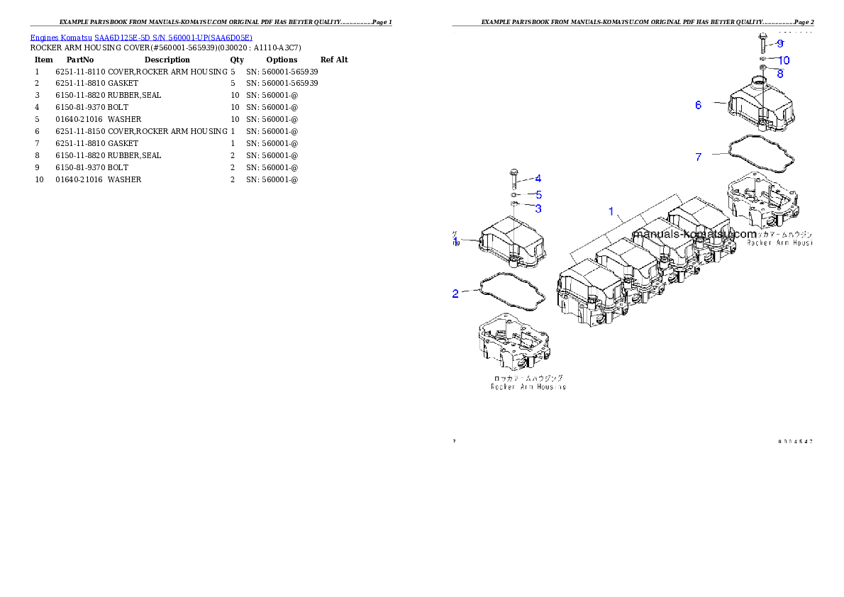 SAA6D125E-5D S/N 560001-UP Partsbook