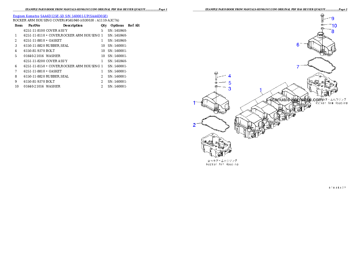 SAA6D125E-5D S/N 560001-UP Partsbook