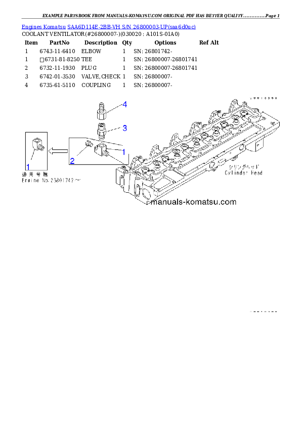 SAA6D114E-2BB-VH S/N 26800003-UP Partsbook