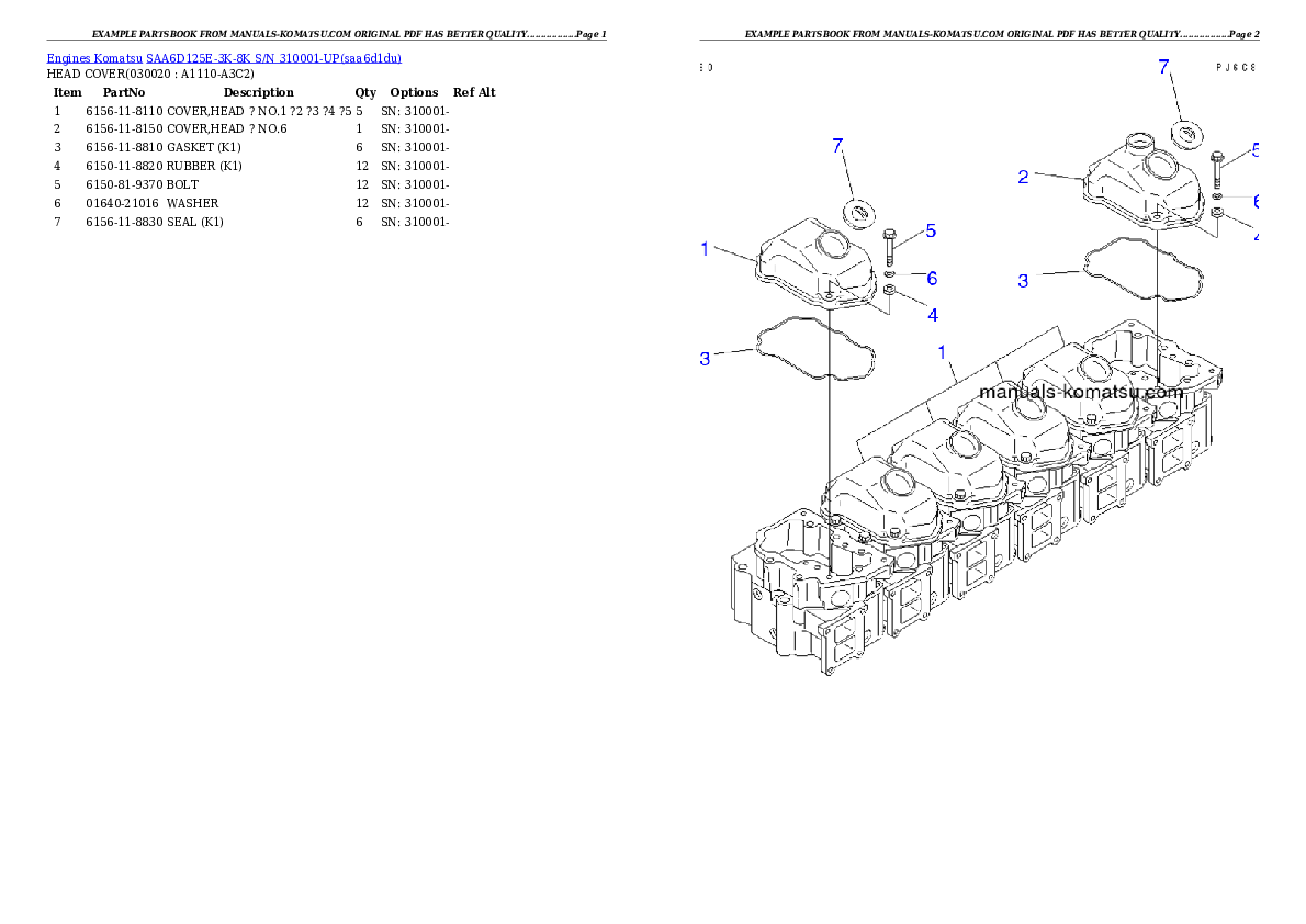 SAA6D125E-3K-8K S/N 310001-UP Partsbook