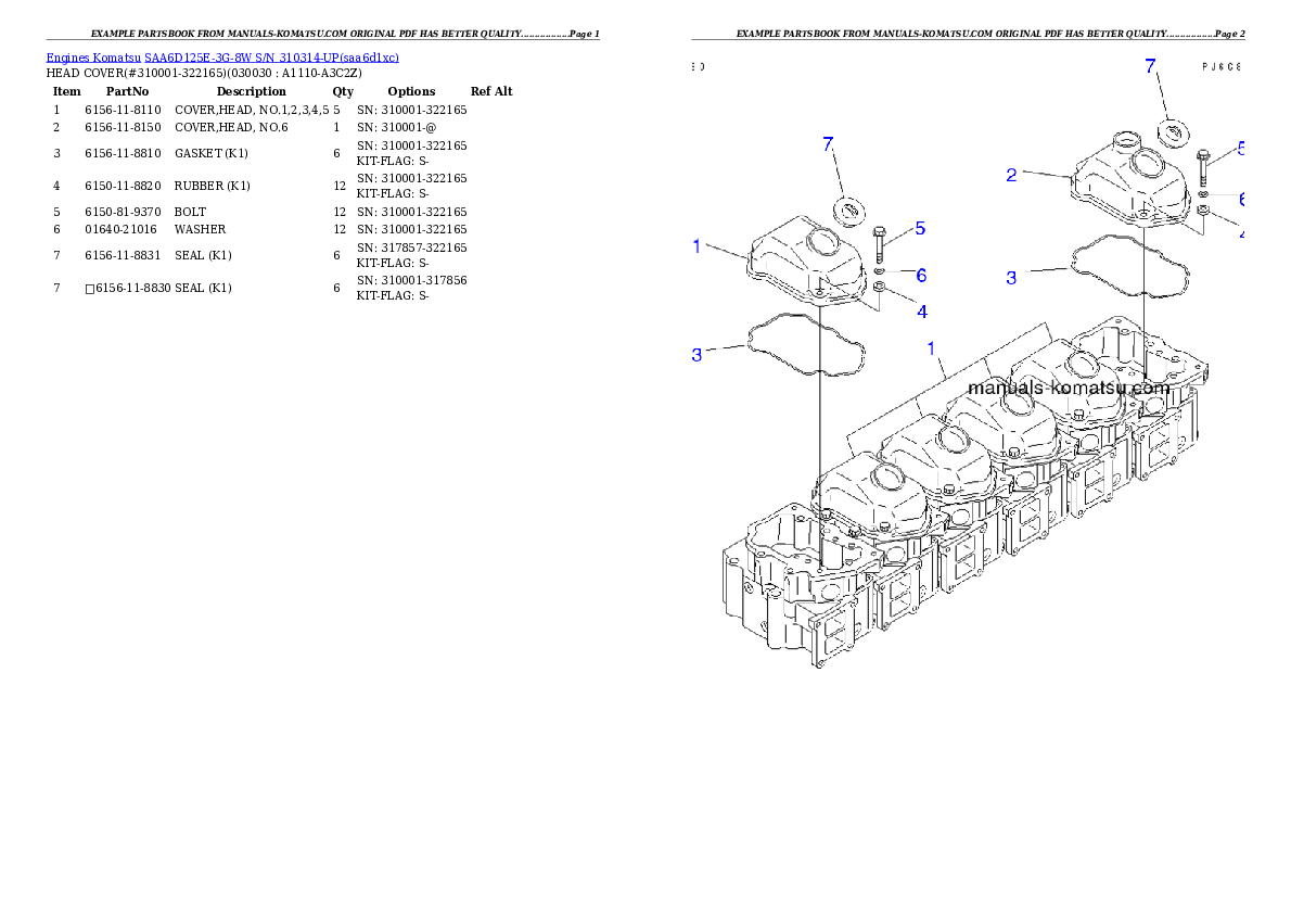 SAA6D125E-3G-8W S/N 310314-UP Partsbook