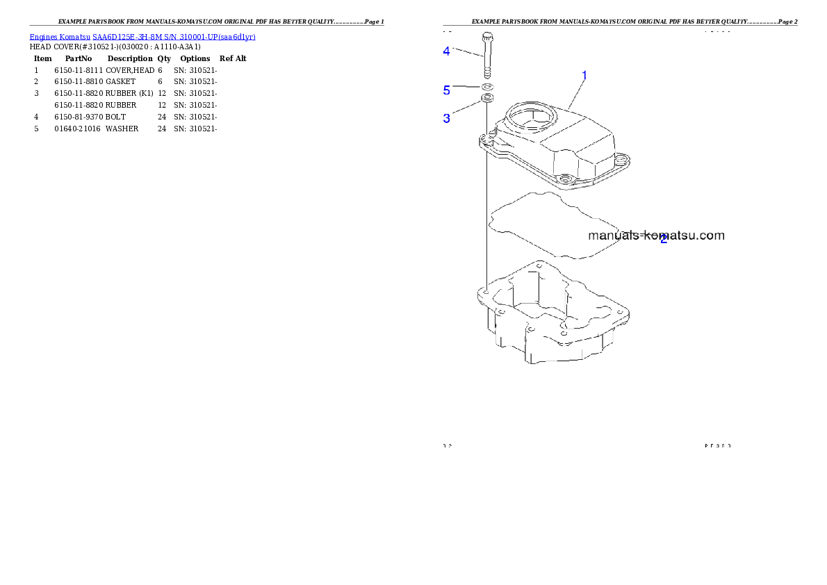 SAA6D125E-3H-8M S/N 310001-UP Partsbook