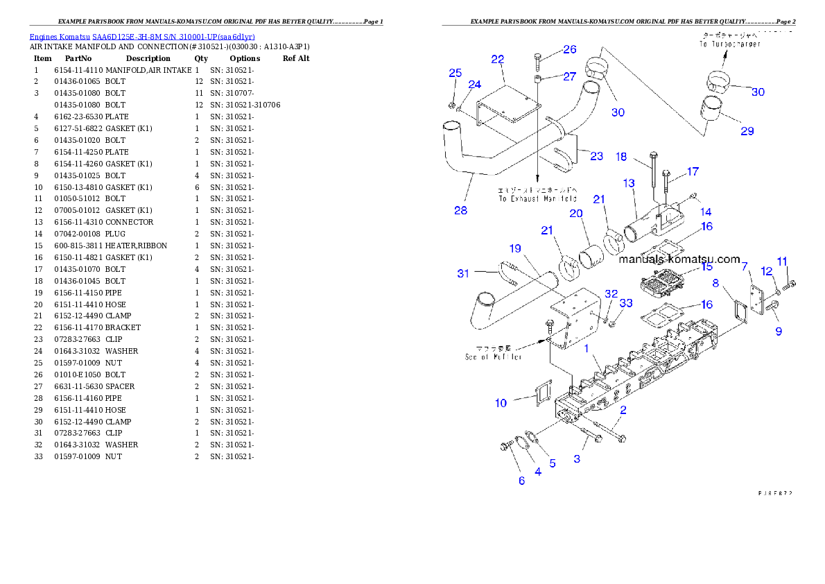 SAA6D125E-3H-8M S/N 310001-UP Partsbook