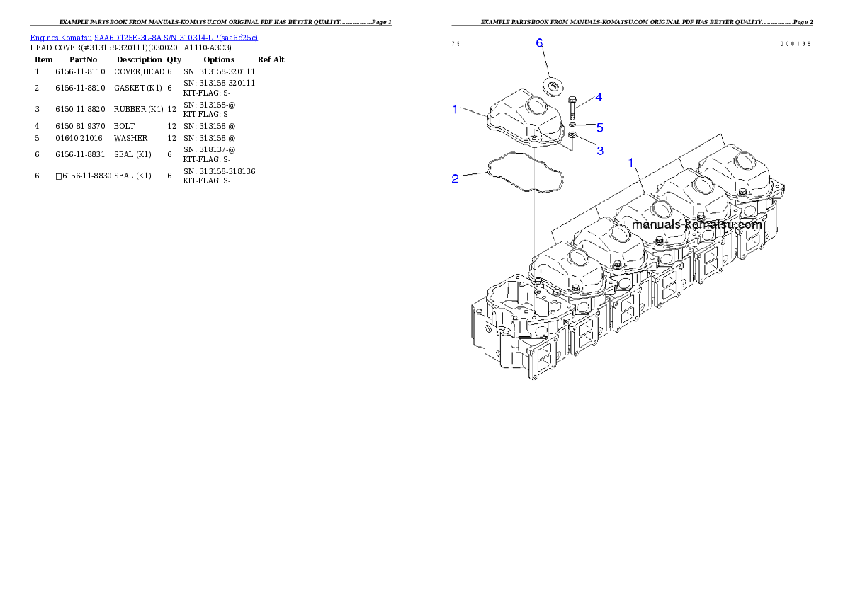 SAA6D125E-3L-8A S/N 310314-UP Partsbook