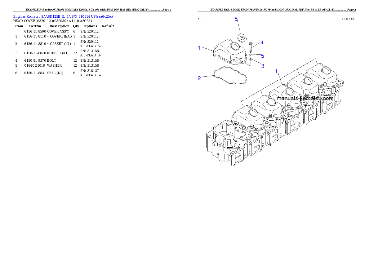 SAA6D125E-3L-8A S/N 310314-UP Partsbook