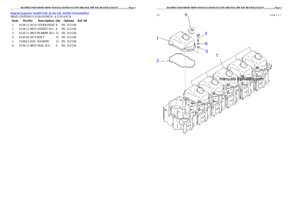 SAA6D125E-3L-8A S/N 310001-UP Partsbook