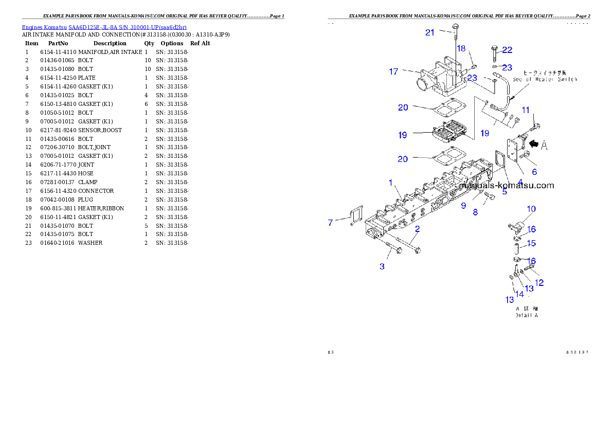 SAA6D125E-3L-8A S/N 310001-UP Partsbook