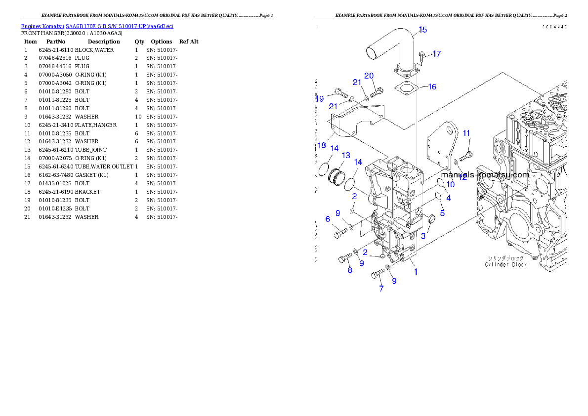 SAA6D170E-5-B S/N 510017-UP Partsbook