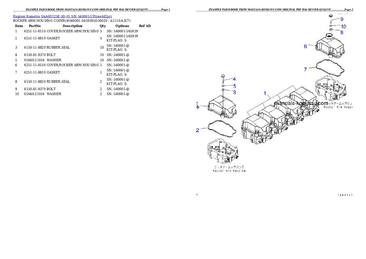 SAA6D125E-5D-01 S/N 560001-UP Partsbook