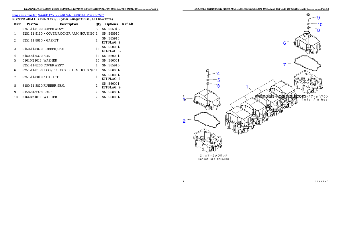 SAA6D125E-5D-01 S/N 560001-UP Partsbook