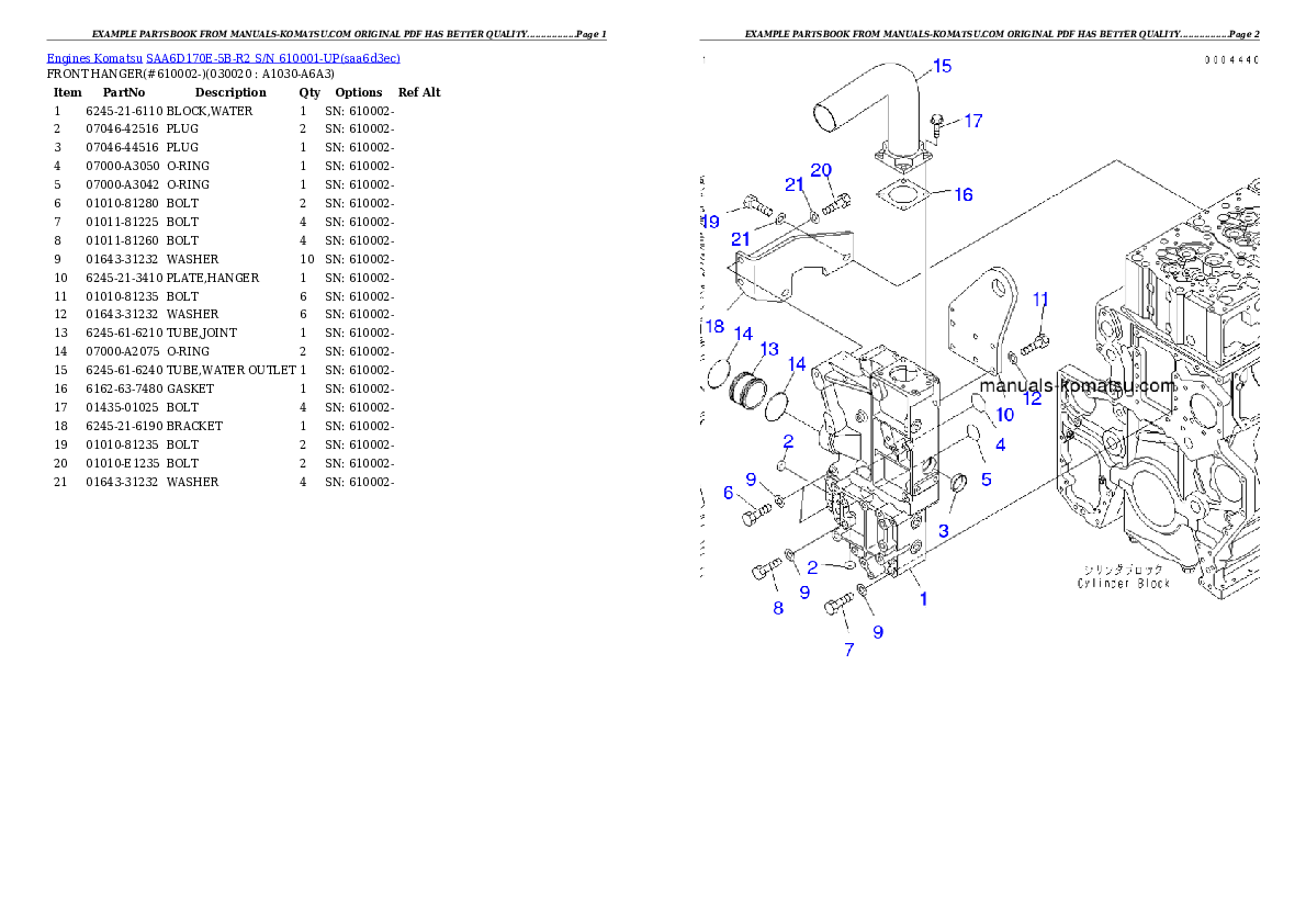 SAA6D170E-5B-R2 S/N 610001-UP Partsbook