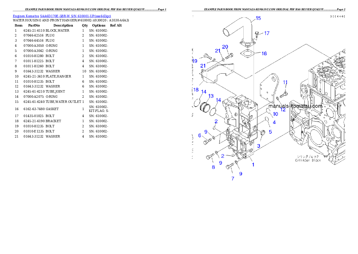 SAA6D170E-5BR-W S/N 610001-UP Partsbook