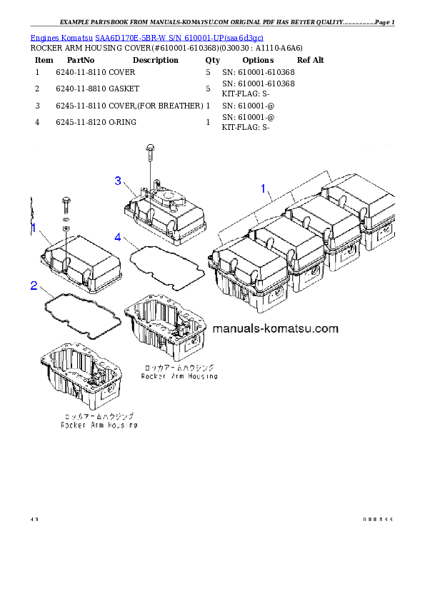 SAA6D170E-5BR-W S/N 610001-UP Partsbook