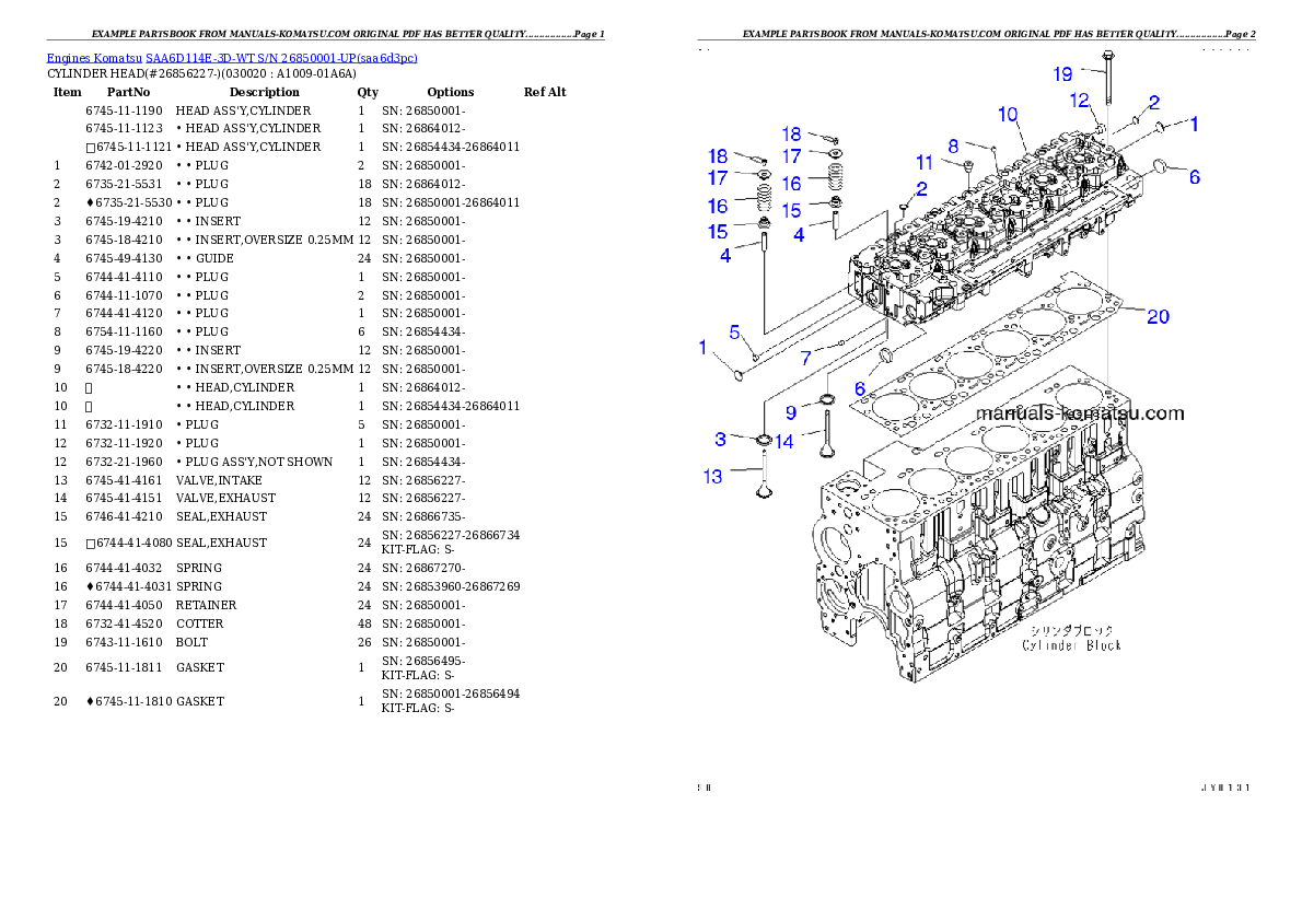 SAA6D114E-3D-WT S/N 26850001-UP Partsbook