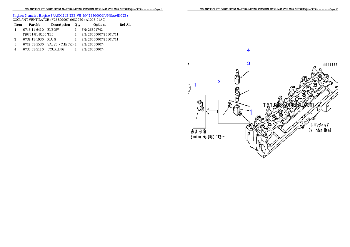 Engine SAA6D114E-2BB-VH S/N 26800003-UP Partsbook