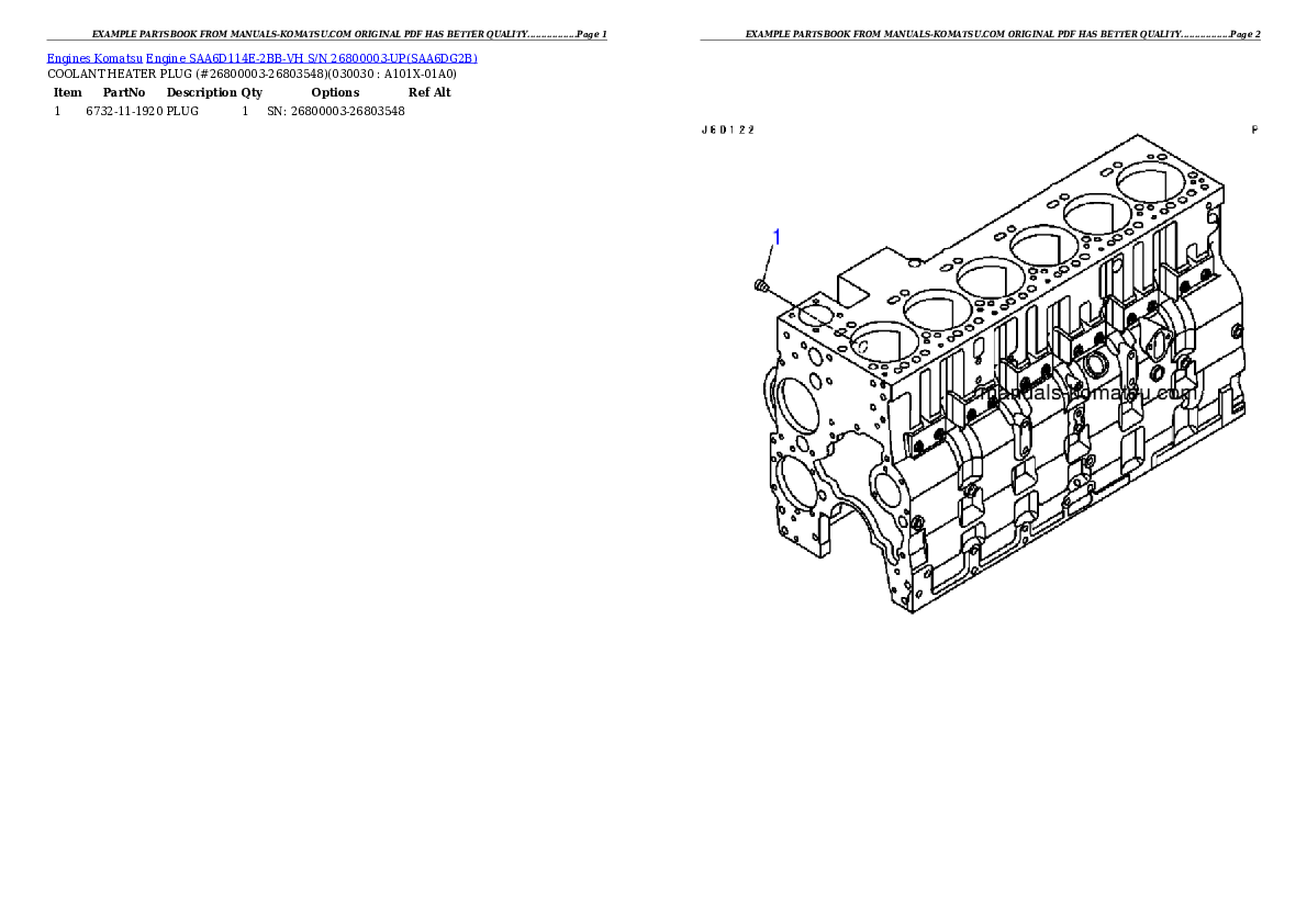 Engine SAA6D114E-2BB-VH S/N 26800003-UP Partsbook