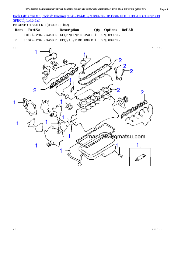 TB45-194-B S/N 099706-UP （SINGLE FUEL-LP GAS）（KFI SPEC.） Partsbook