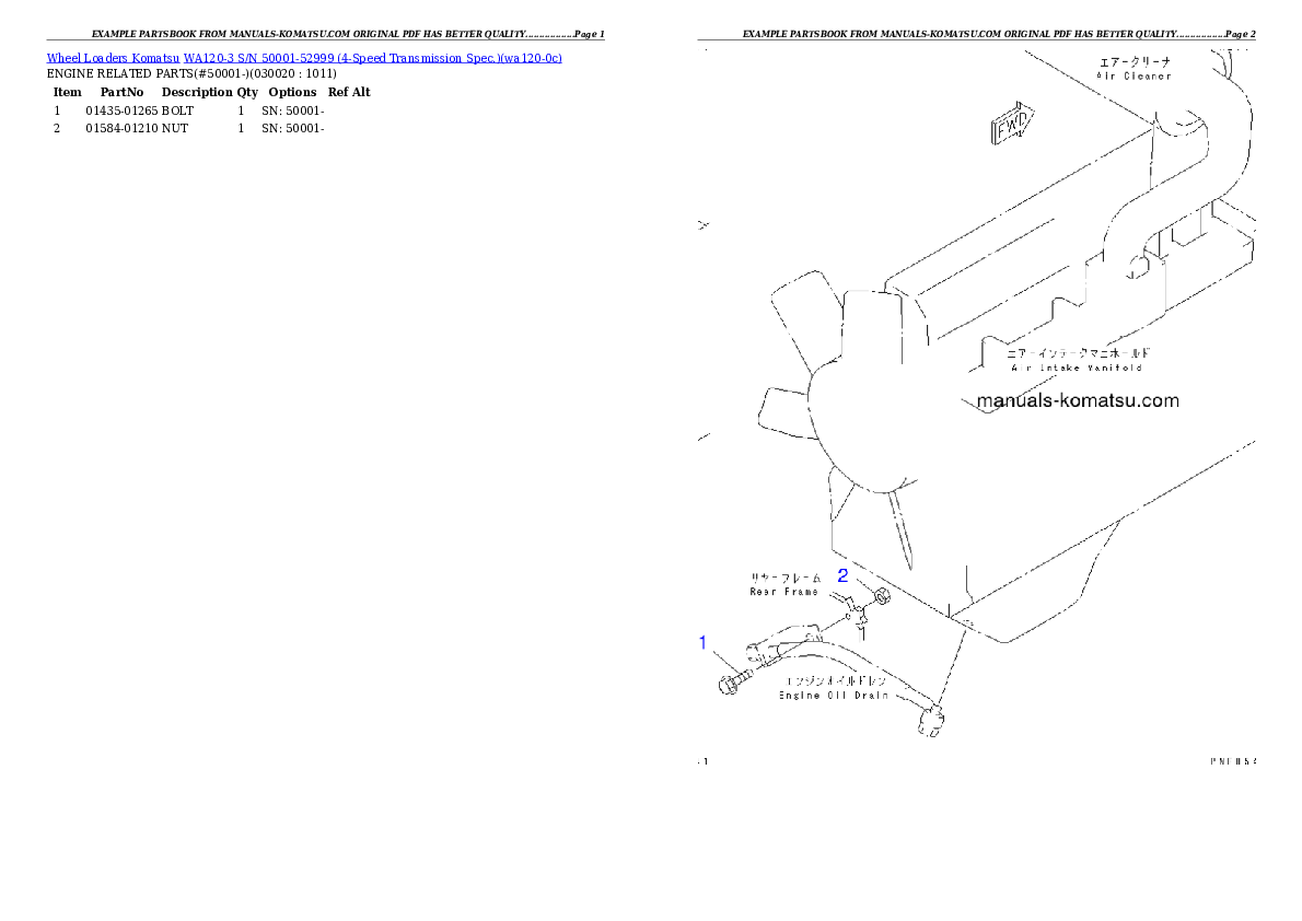 WA120-3 S/N 50001-52999 (4-Speed Transmission Spec.) Partsbook