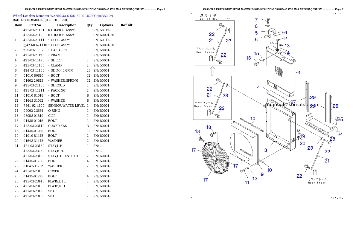 WA350-3A-S S/N 50001-52999 Partsbook