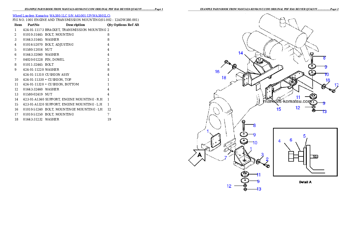 WA380-1LC S/N A45001-UP Partsbook