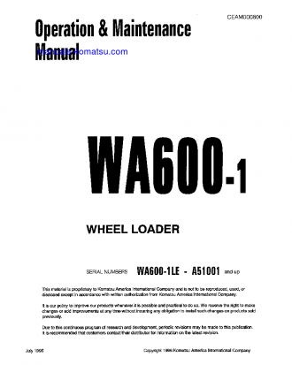 WA600-1(USA)-LE S/N A51001-UP Operation manual (English)