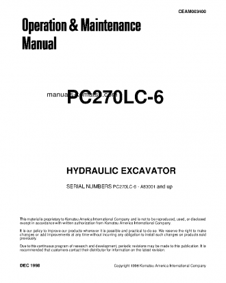 PC270LC-6(USA)-LE S/N A83001-UP Operation manual (English)