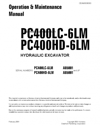 PC400HD-6(USA)-LM S/N A85001-UP Operation manual (English)