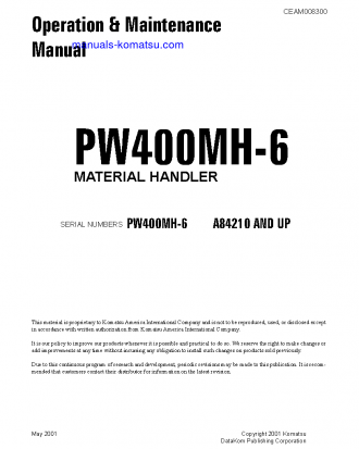 PW400MH-6(USA) S/N A84210-UP Operation manual (English)