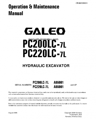 PC220LC-7(USA)-L S/N A86001-UP Operation manual (English)