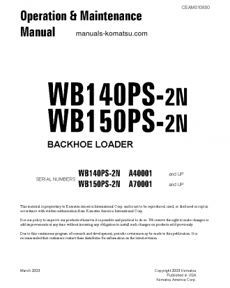 WB140PS-2(USA)-N S/N A40001-A40033 Operation manual (English)