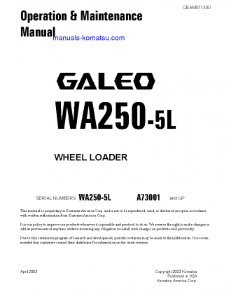 WA250-5(USA)-L S/N A73001-UP Operation manual (English)