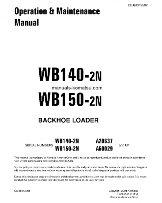 WB150-2(USA)-N S/N A60029-UP Operation manual (English)