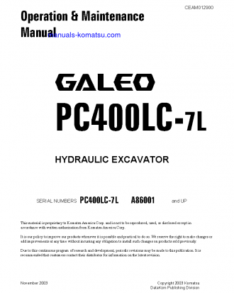 PC400LC-7(USA)-L S/N A86001-UP Operation manual (English)