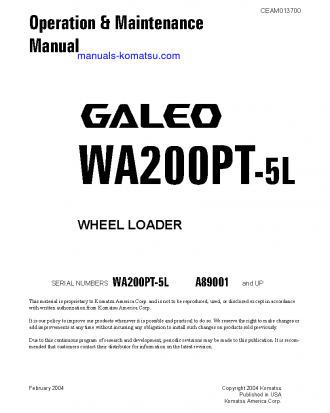 WA200PT-5(USA)-L S/N A89001-UP Operation manual (English)