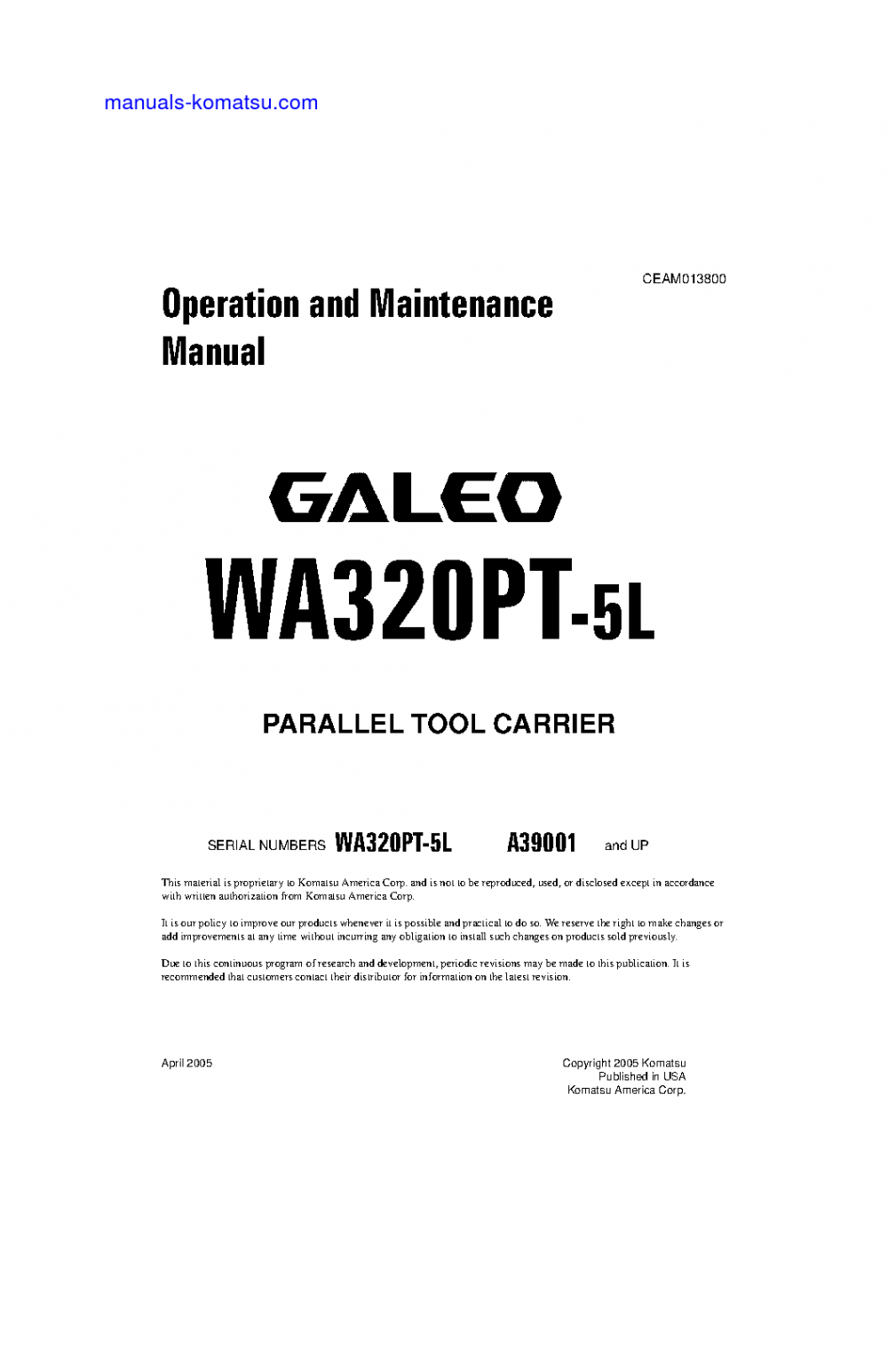 WA320PT-5(USA)-L S/N A39001-UP Operation manual (English)