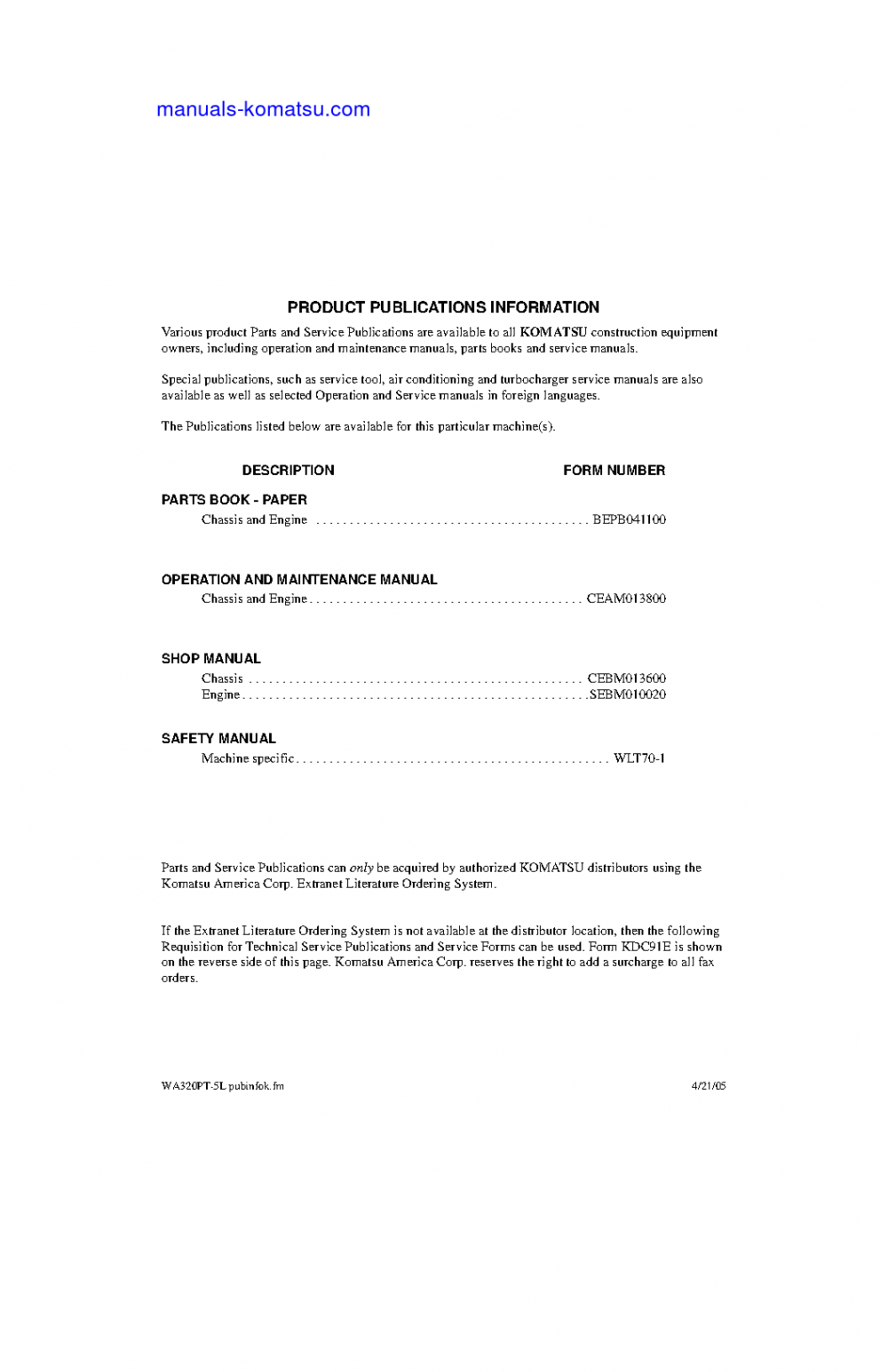 Protected: WA320PT-5(USA)-L S/N A39001-UP Operation manual (English)