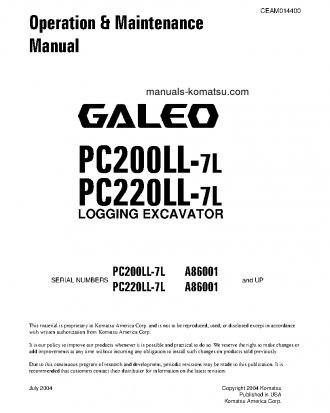 PC220LL-7(USA)-L S/N A86001-UP Operation manual (English)